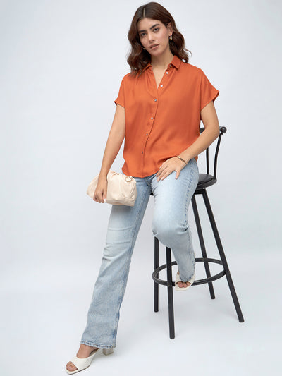 DL Woman rust Extended Sleeves Relaxed Fit Boxy Casual Shirt