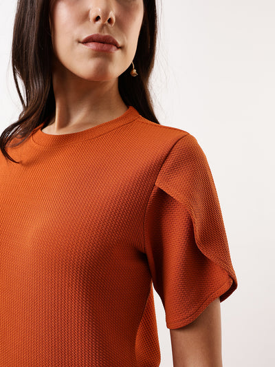DL Woman Rust Solid Textured Round Neck Petal Sleeves Top