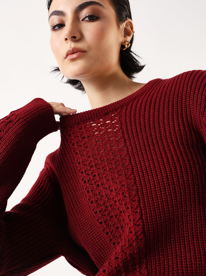 DL Woman Solid Round Neck Full Sleeves Crochet Sweater
