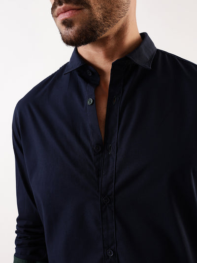 Men Navy Solid Spread Collar Full Sleeves Regular Fit Casual Shirt
