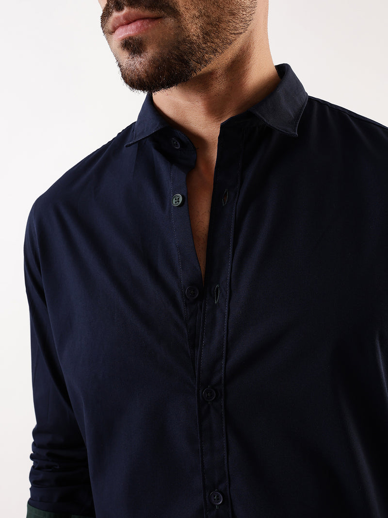 Men Navy Solid Spread Collar Full Sleeves Regular Fit Casual Shirt