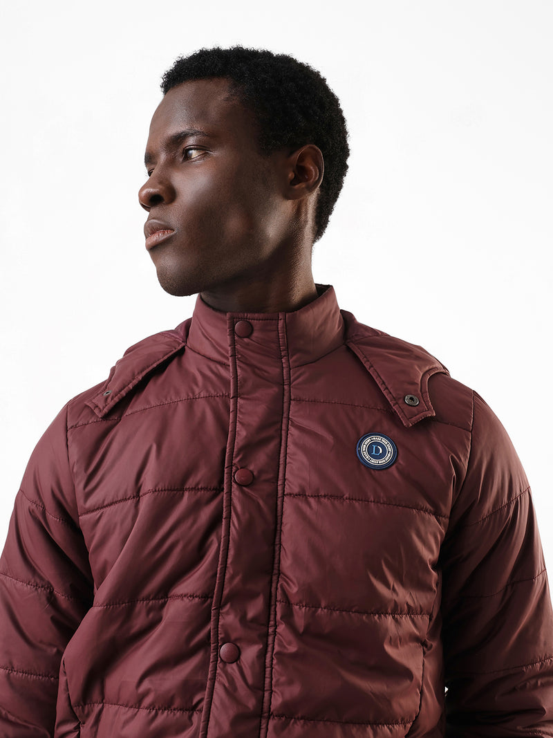 Men's Wine Solid Hooded Full Sleeves Puffer Jacket