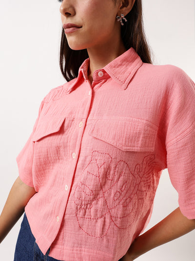 DL Woman Pink Embroidered Half Sleeves Spread Collar Textured Boxy Shirt
