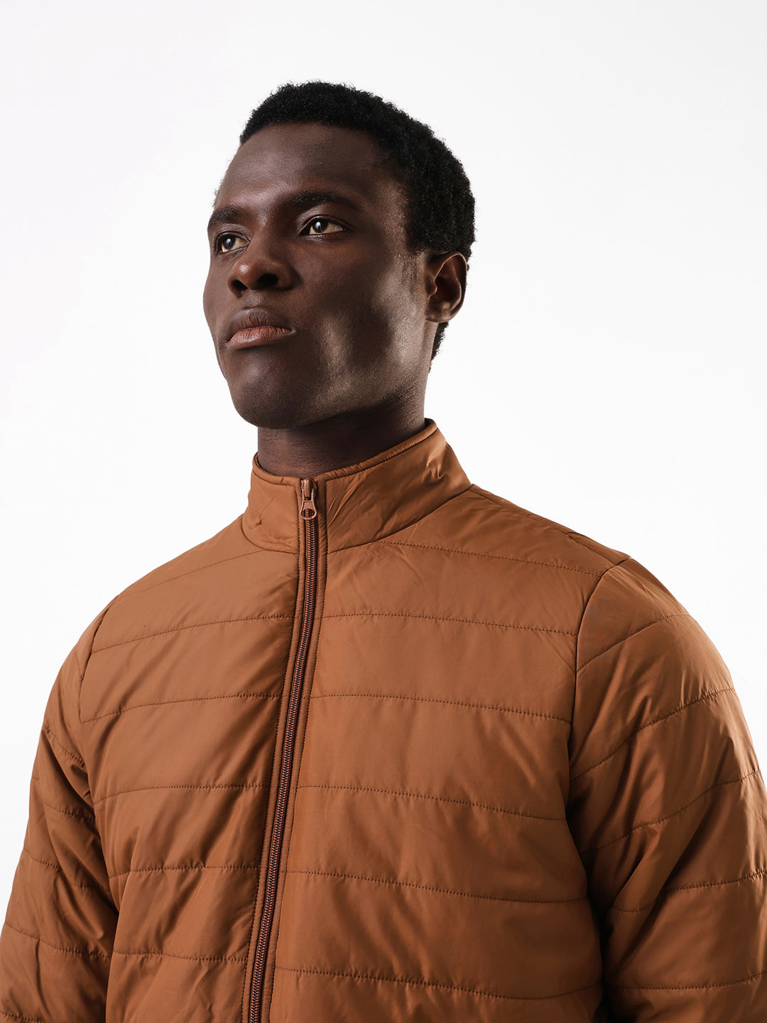 Men's Brown Solid Neck Collar Full Sleeves Puffer Jacket