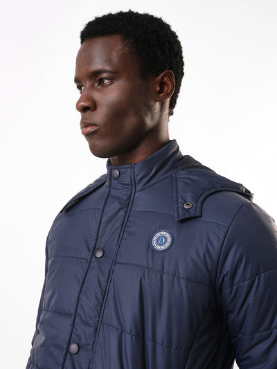 Men's Navy Solid Hooded Full Sleeves Puffer Jacket