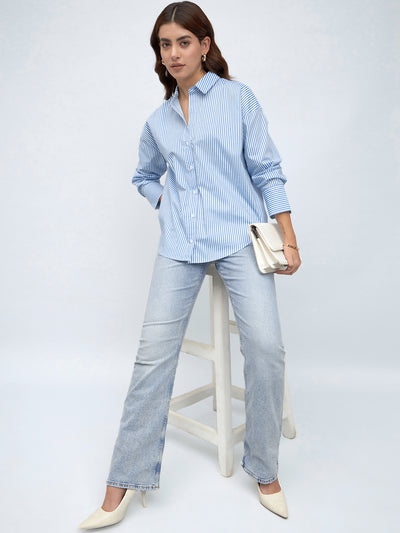 DL Woman Light Blue Vertical Striped Relaxed Fit Cotton Casual Shirt