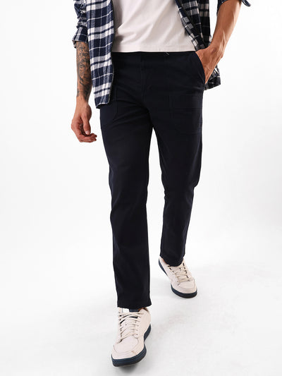 Men's Navy Solid Cotton Relaxed Fit Mid-Rise Cargo Trousers