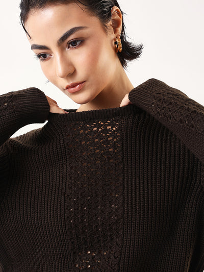 DL Woman Solid Round Neck Full Sleeves Crochet Sweater