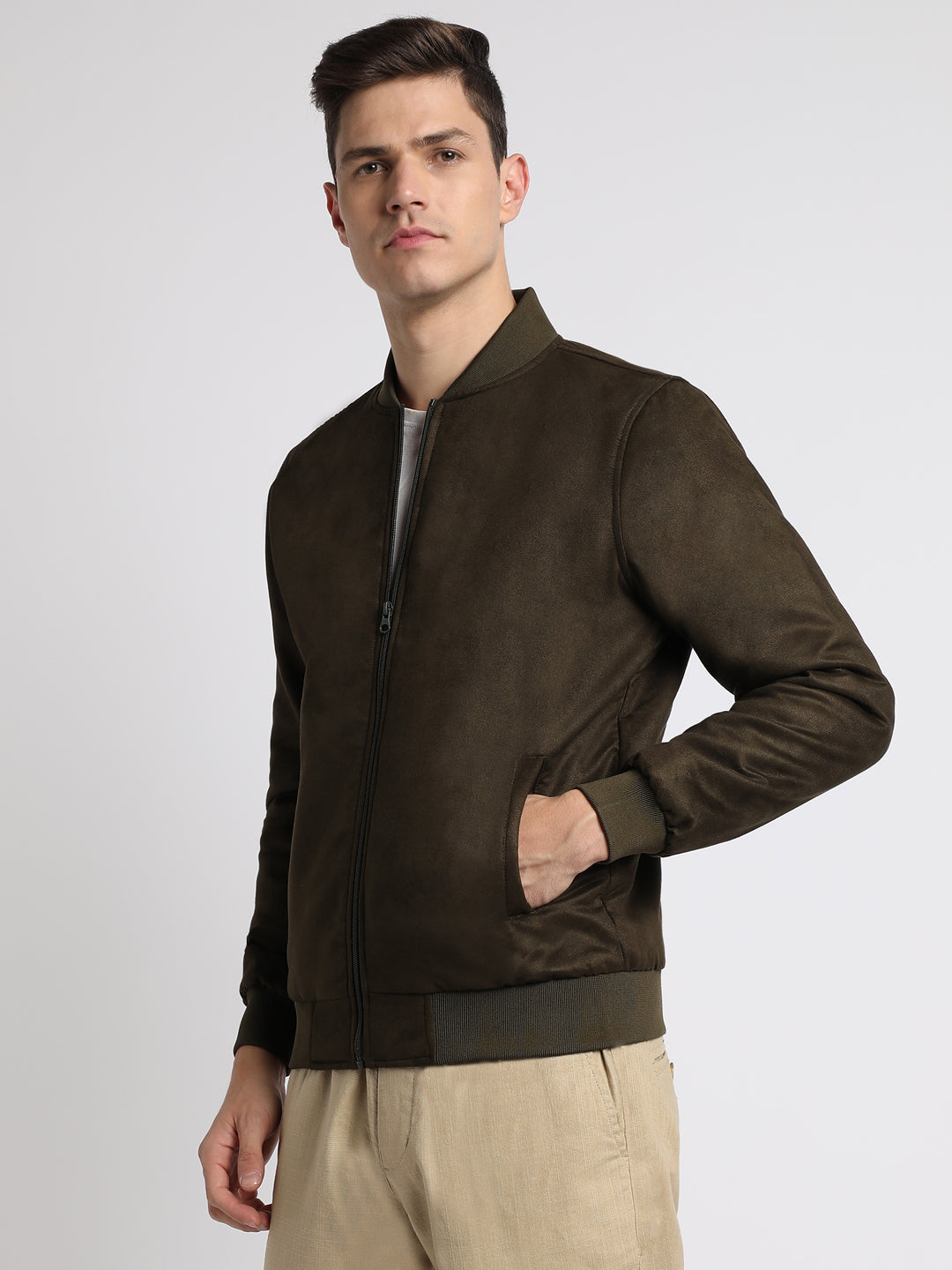 Dennis Lingo Men's Olive Solid Rib Collar Full Sleeve Light weight jacket Jackets