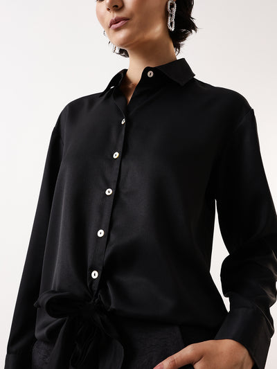 DL Woman Solid Knotted Shirt Collar Top