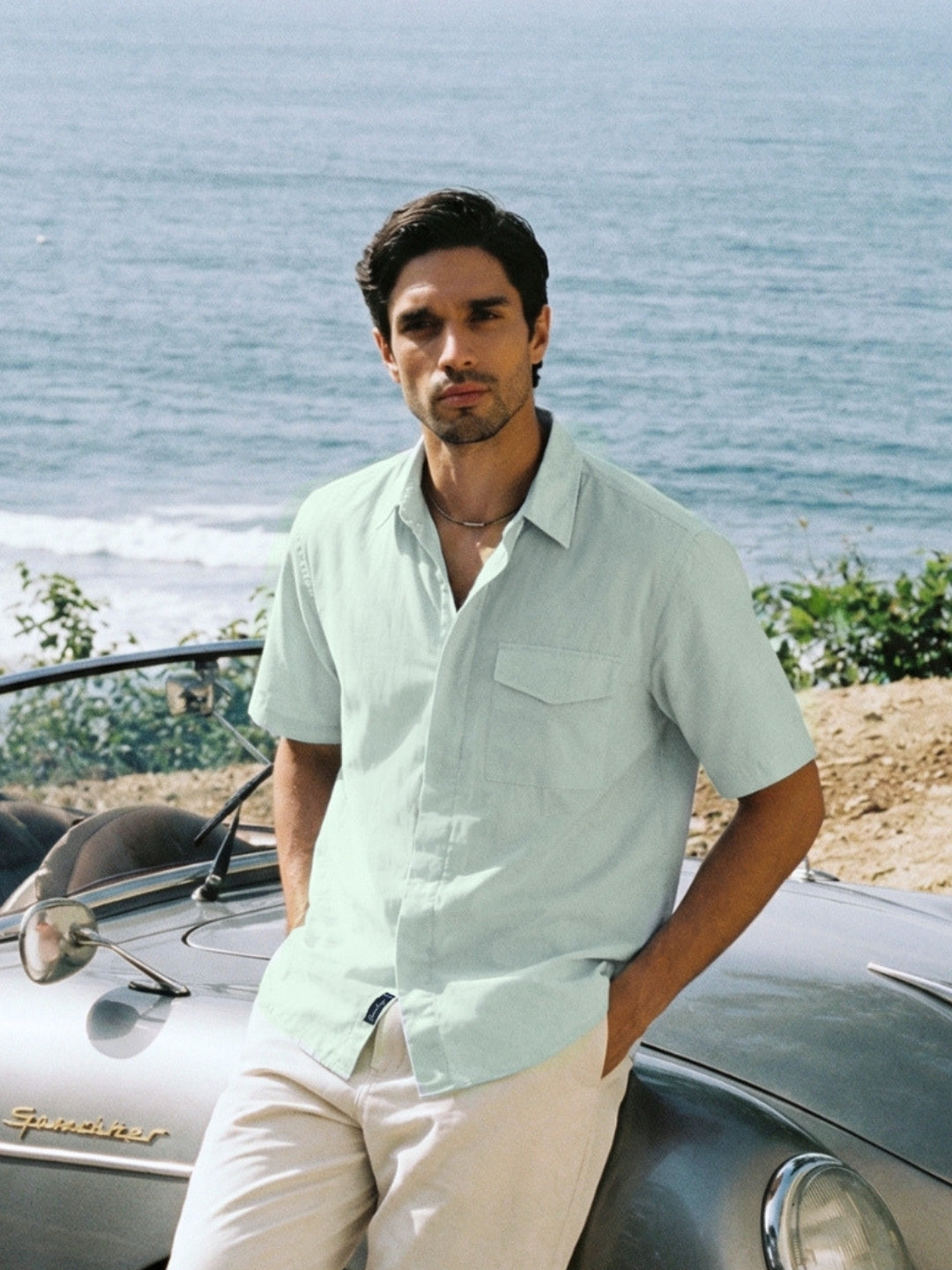 Boxy fit half sleeve cotton blend shirt with patch pocket