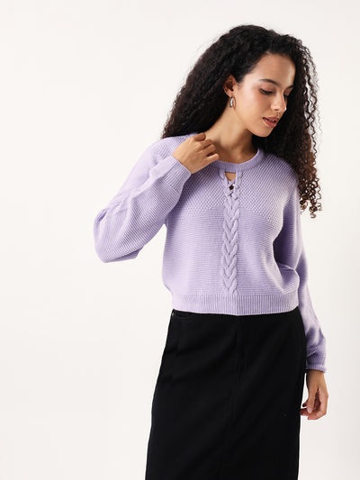 DL Woman Solid Round Neck Full Sleeves Cable Knit Sweater