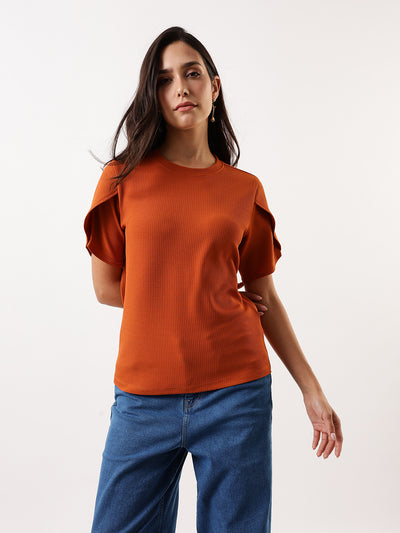 DL Woman Rust Solid Textured Round Neck Petal Sleeves Top