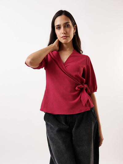 DL Woman Pink Solid Textured V-Neck Half Sleeves Tie-Up Top