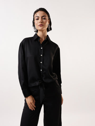 DL Woman Solid Knotted Shirt Collar Top