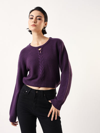 DL Woman Solid Round Neck Full Sleeves Cable Knit Sweater
