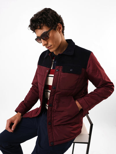 Men's Black & Maroon Colourblocked Spread Collar Full Sleeves Puffer Jacket