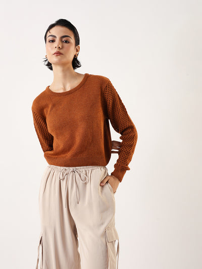 DL Woman Solid Round Neck Pointelle Knit Sweater