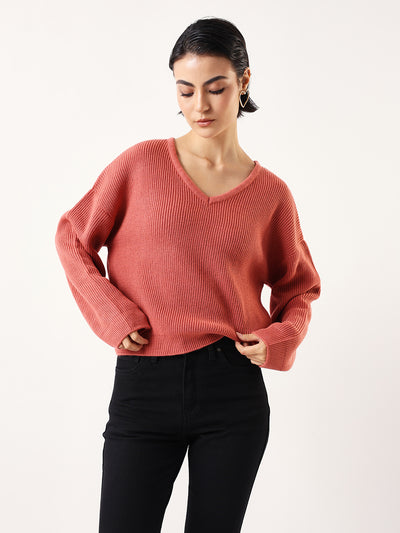 DL Woman Coral Solid V- Neck Sweater