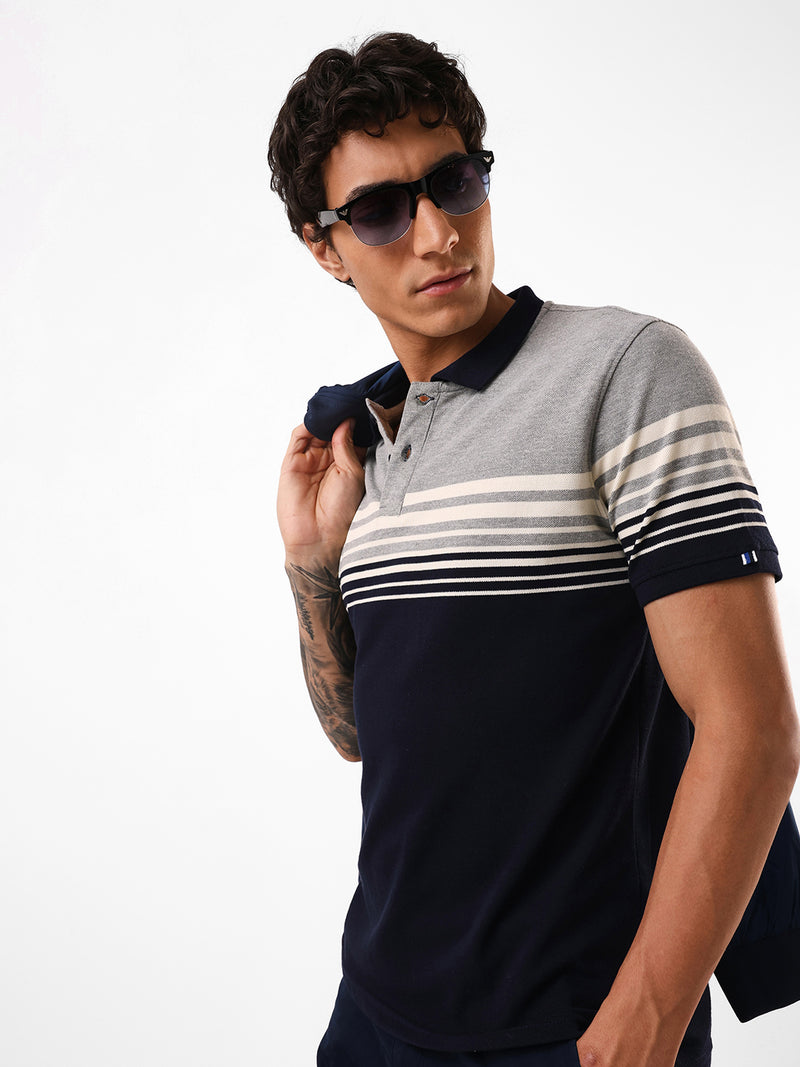 Men's Navy Striped Polo Collar Relaxed Fit T-shirt