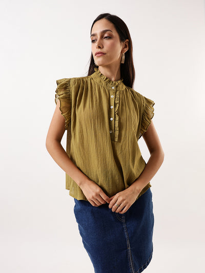DL Woman Olive Solid Textured Sleeveless Round Neck Ruffle Top