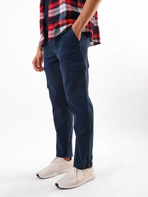 Men's Dark Blue Solid Cotton Relaxed Fit Mid-Rise Cargo Trousers