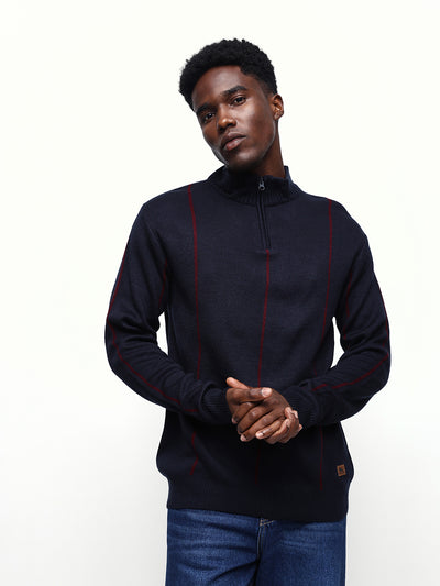 Men's Striped Mock Collar Pullover Sweater