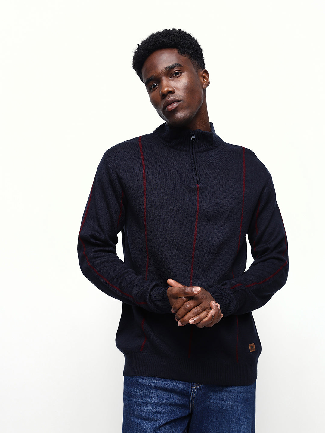 Men's Striped Mock Collar Pullover Sweater