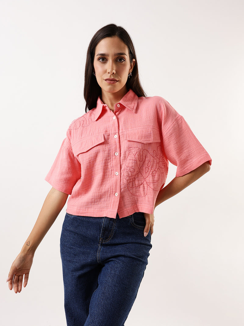 DL Woman Pink Embroidered Half Sleeves Spread Collar Textured Boxy Shirt