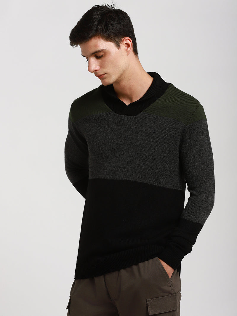 Men's Olive Colorblock Acrylic Pullover sweater