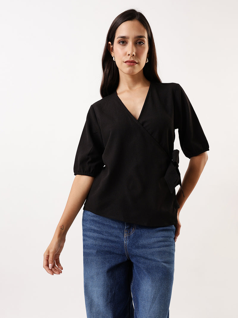 DL Woman Black Solid Textured V-Neck Half Sleeves Tie-Up Top