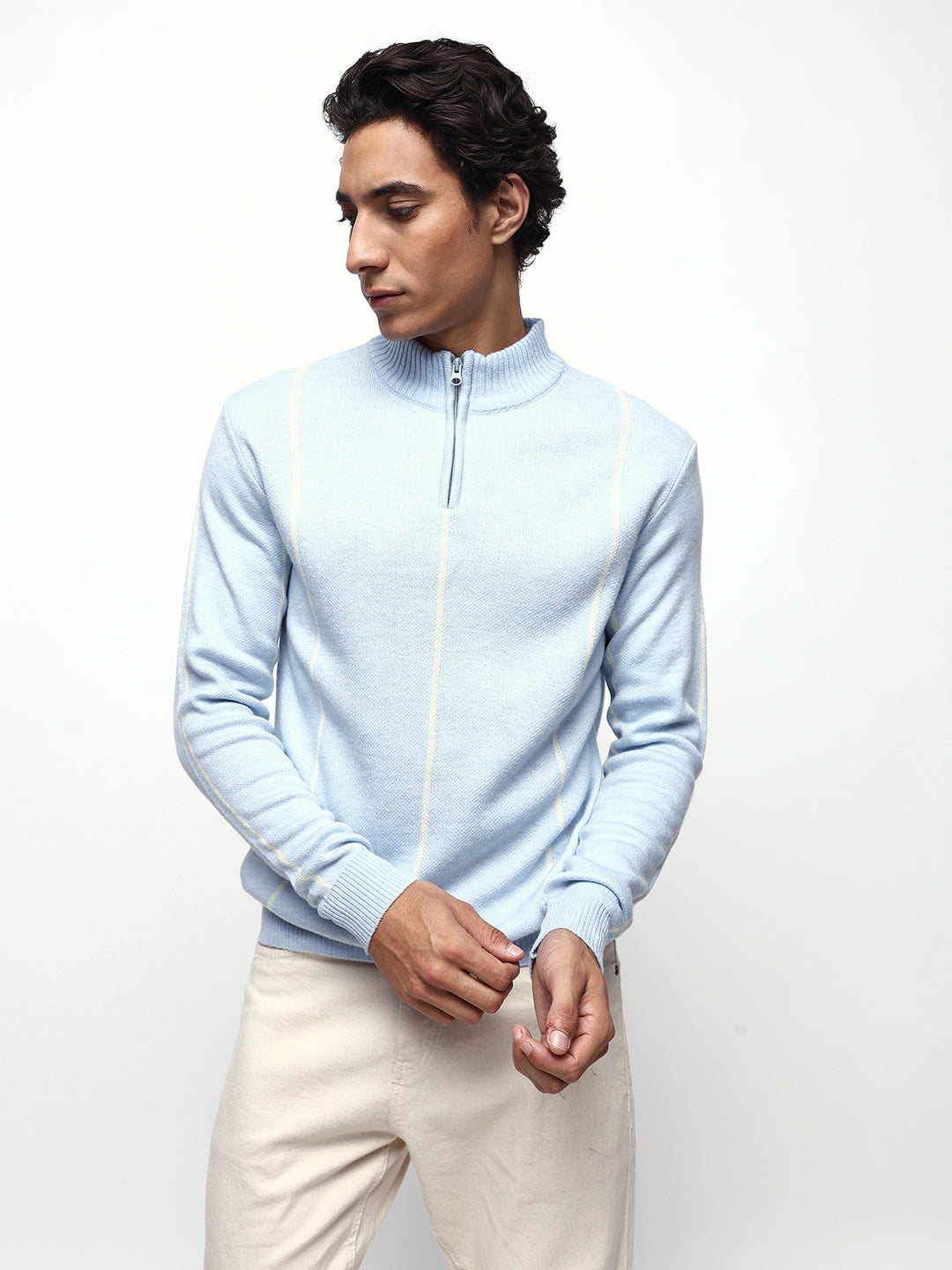 Men's Striped Mock Collar Pullover Sweater