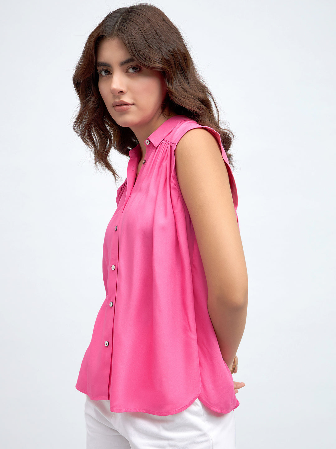 Shirt Collar Regular Fit Solid Pink Sleeveless Shirt