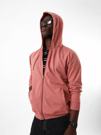 Men's Pink Solid Hooded Front-Open Fleece Sweatshirt