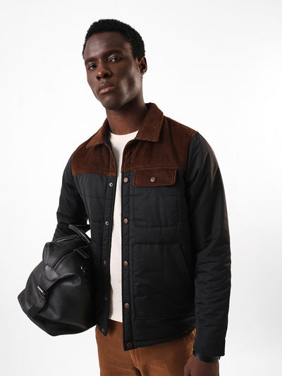 Men's Black & Brown Colourblocked Spread Collar Full Sleeves Puffer Jacket