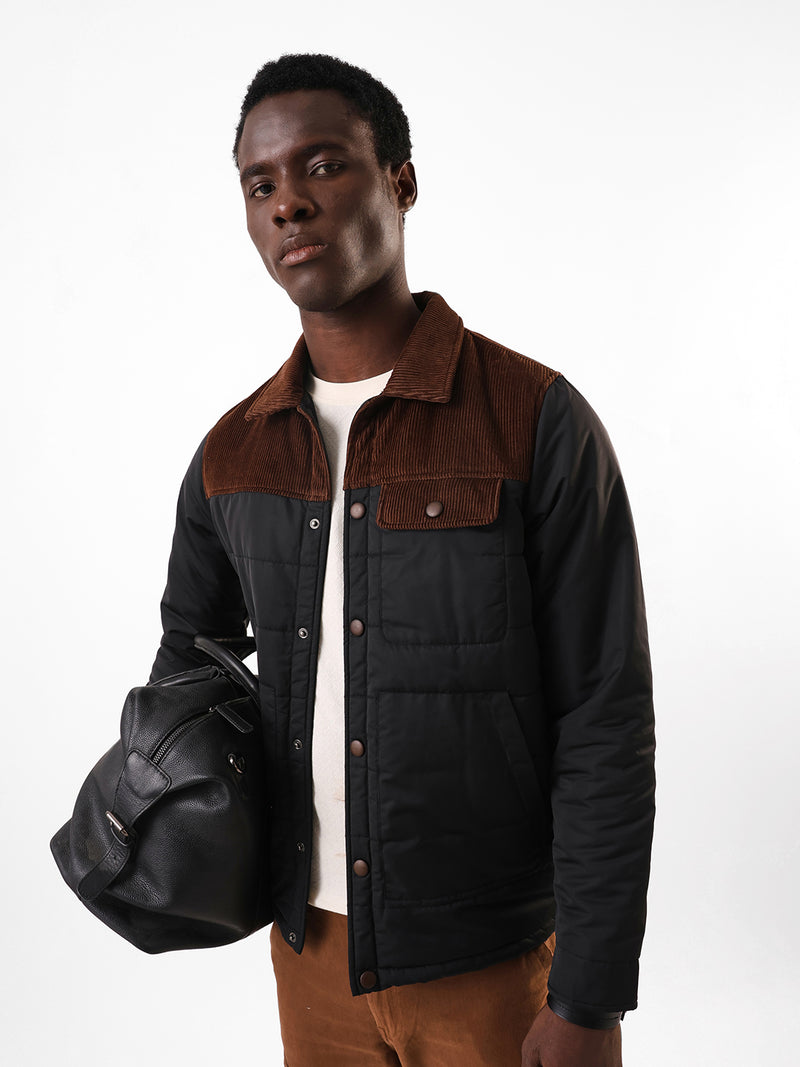 Men's Black & Brown Colourblocked Spread Collar Full Sleeves Puffer Jacket