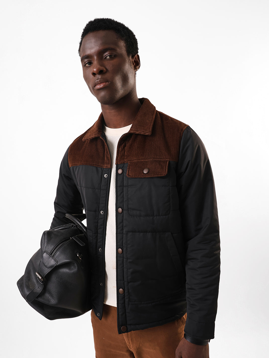 Men's Black & Brown Colourblocked Spread Collar Full Sleeves Puffer Jacket