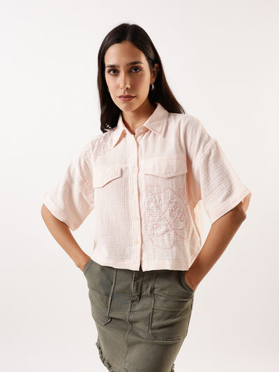 DL Woman OffWhite Embroidered Half Sleeves Spread Collar Textured Boxy Shirt