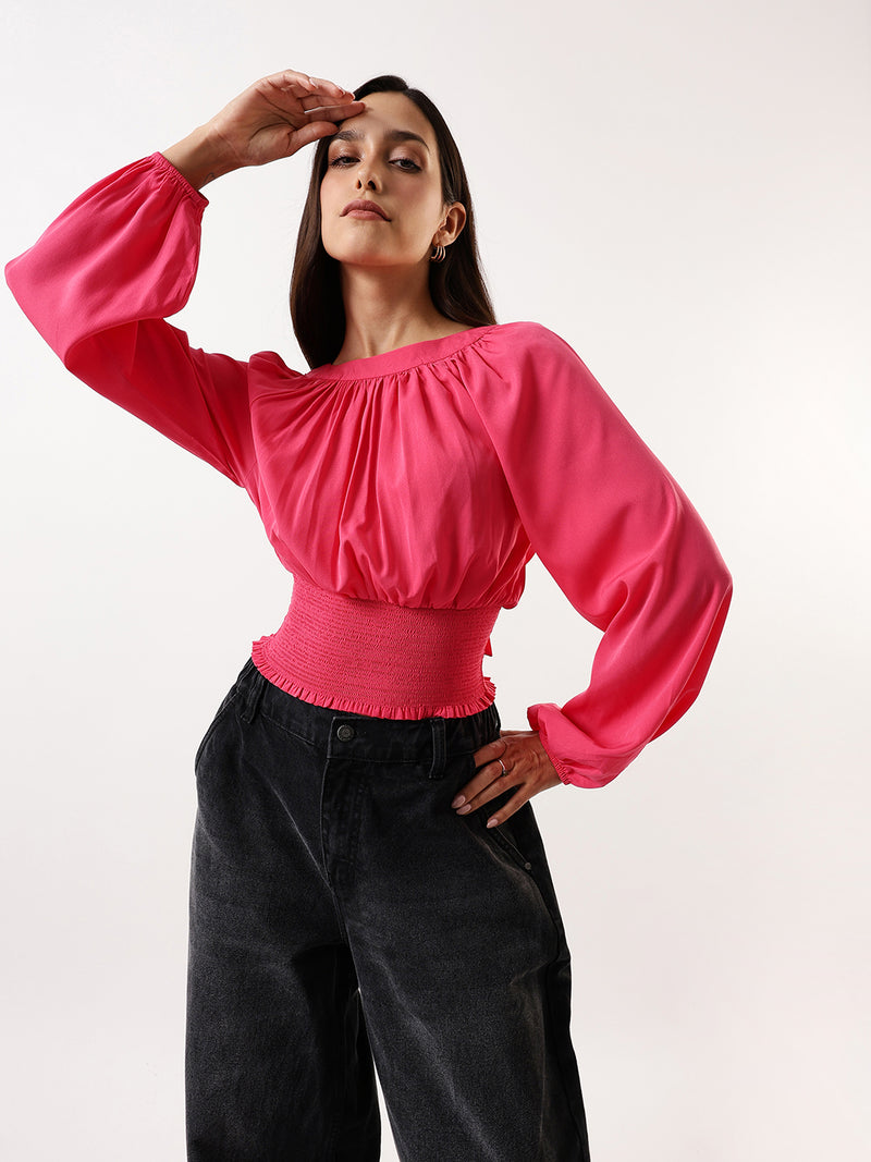 DL Woman Pink Solid Round Neck Elasticated Top