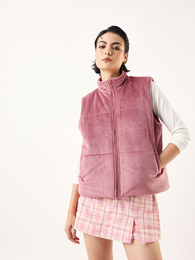 DL Woman Solid Stand Collar Sleeveless Velvet Jacket