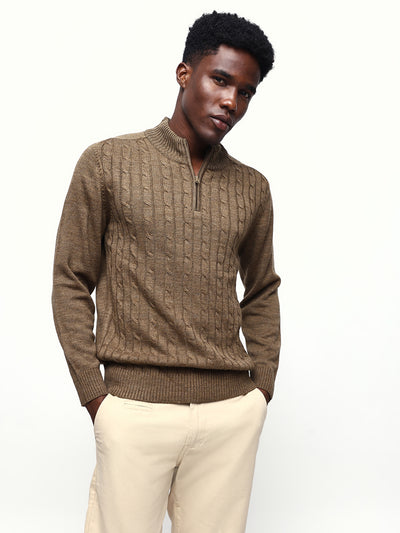 Men's Cable Knit Solid Mock Collar Pullover Sweater