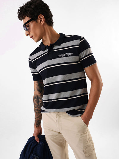 Men's Navy Striped Polo Collar Relaxed Fit T-shirt