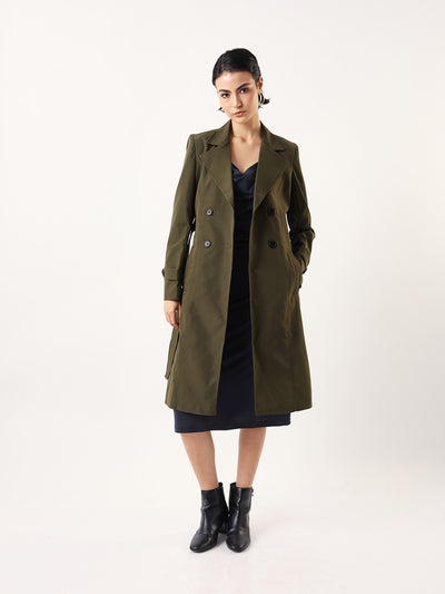 DL Woman Solid Full Sleeves Lapel Collar Trench Coat