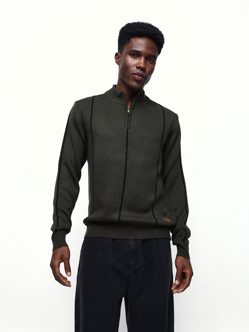 Men's Striped Mock Collar Pullover Sweater
