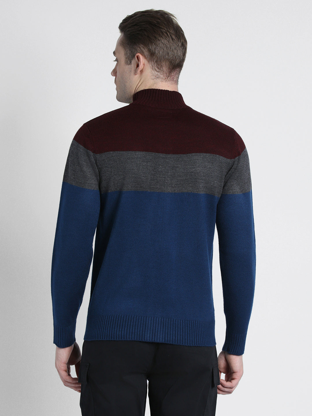 Men's Maroon Colourblocked Mock Neck Front-Open Sweater