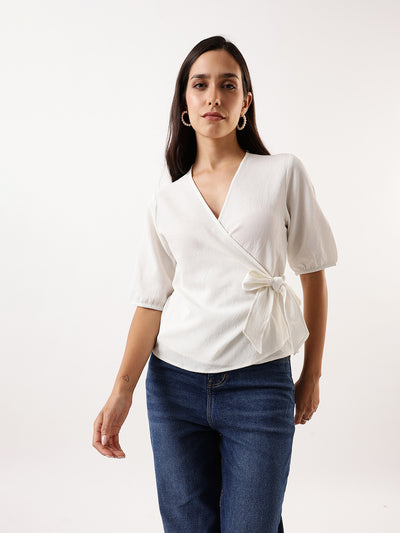 DL Woman White Solid Textured V-Neck Half Sleeves Tie-Up Top