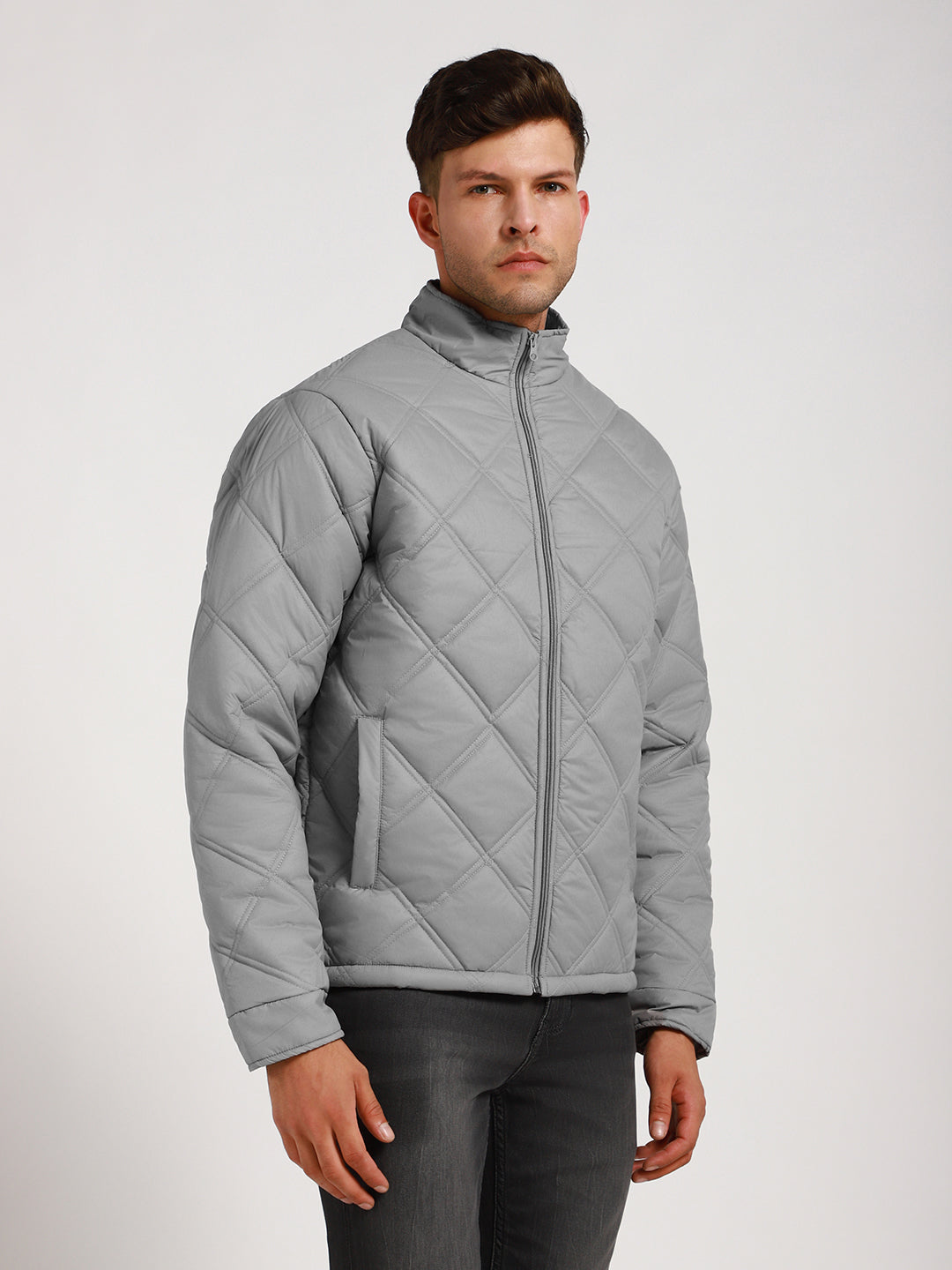 Dennis Lingo Men's Light Grey Solid Quilted High Neck Full Sleeve Puffer W/O hood Jackets
