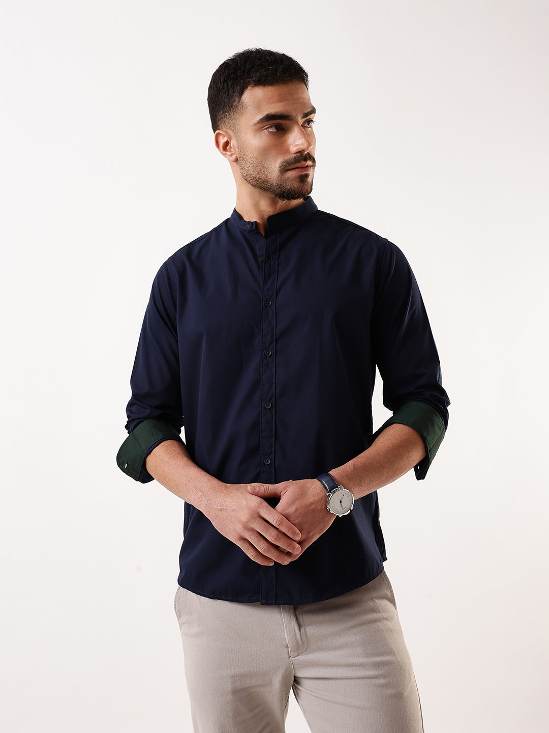 Men's Navy Solid Mandarin Collar Full Sleeves Regular Fit Casual Shirt