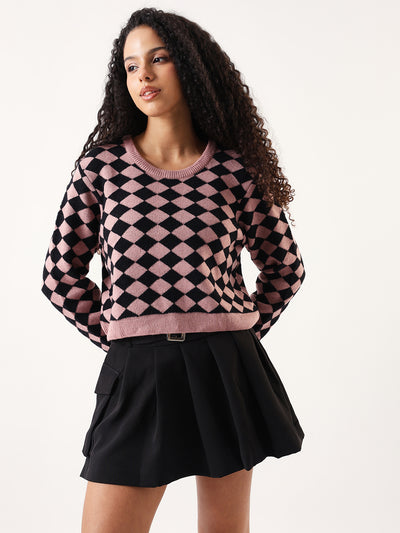 DL Woman Diamond Checks Round Neck Full Sleeves Sweater