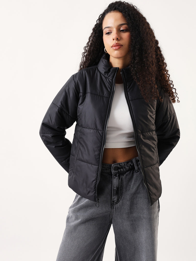 DL Woman Black Solid Mock Collar Full sleeves Puffer Jacket
